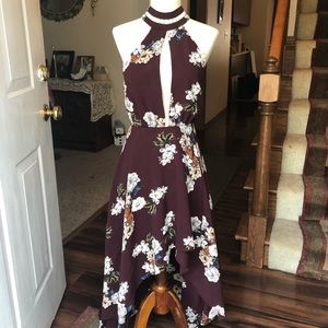Burgundy high/low floral maxi dress